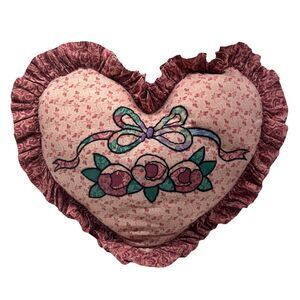 Vintage Country Cottage Ruffled Heart Throw Pillow W/ Floral Embroidery